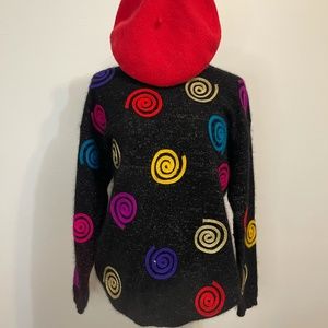 Rafaella "Vintage" Black Shimmer Crew Neck Sweater w/ Colorful Swirls